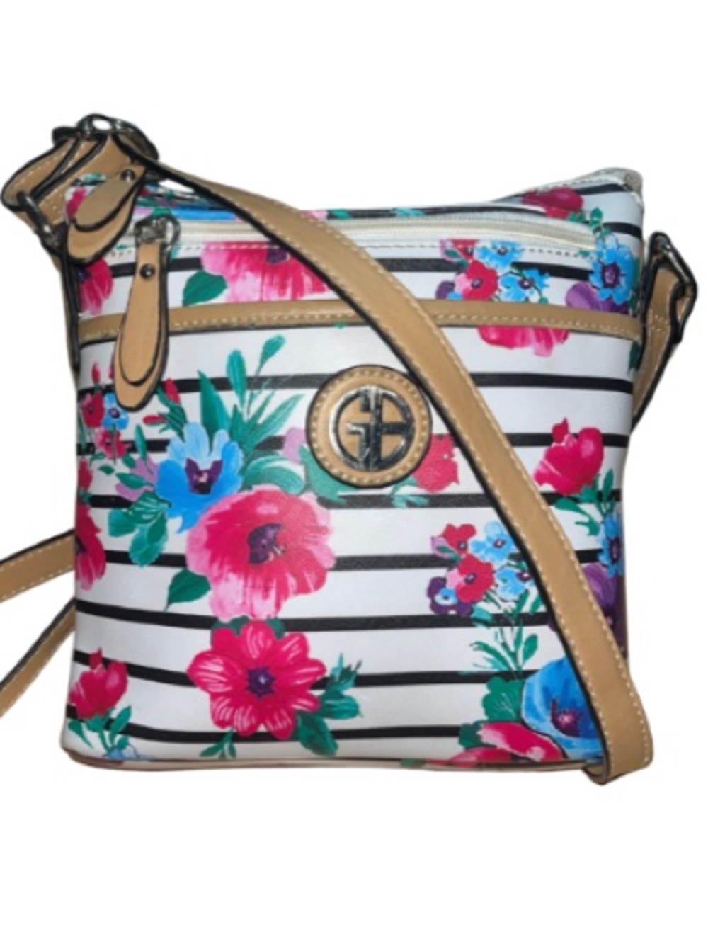 Floral Stripe Crossbody Bag with Tan Trim